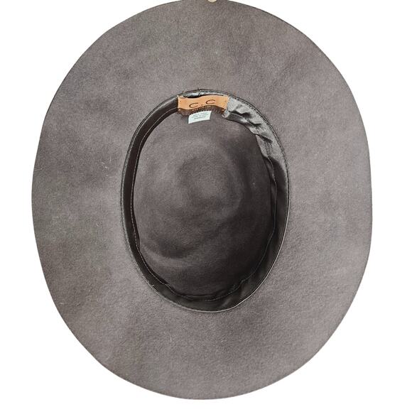 CC Exclusives Gray 100% Wool Wide Floppy Brim Hat Boho Braided Metal Chain Band - Picture 6 of 6